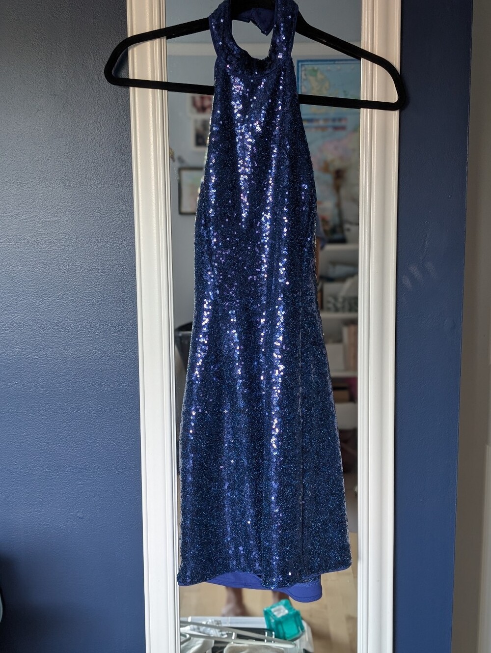 Dynamite Navy Blue Sequin Backless Halter Dress
